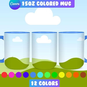 May include: Three 15oz colored mugs with a blue rim and a design of a green hill with a white cloud in a blue sky. The mugs are arranged in a row and there are 12 color swatches below them.