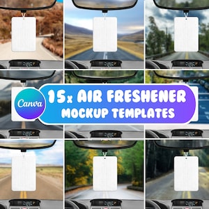 May include: 15 car air freshener mockup templates.  The image shows a white rectangular air freshener hanging from the rearview mirror of a car. The air freshener is blank and ready for your design.