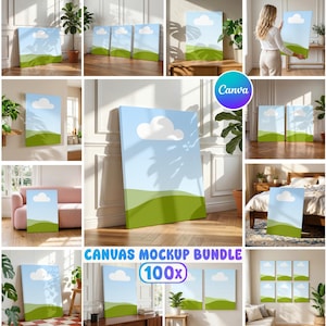 May include: A selection of canvas mockups showing a blue sky, white cloud, and green hills. The canvases are presented in different settings, with the text "CANVAS MOCKUP BUNDLE (100x)" displayed at the bottom.