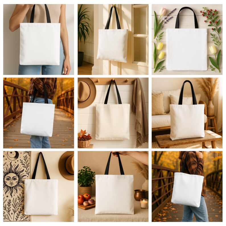 Puede incluir: Nueve bolsas de lona blancas con asas negras. Las bolsas se muestran en diferentes entornos, incluyendo un puente de madera, una sala de estar y un dormitorio.