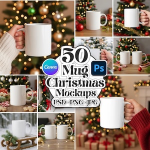 May include: A collage of white ceramic mugs, some held by hands, against a backdrop of Christmas trees with twinkling lights and ornaments. The image includes text that reads "50 Mug Christmas Mockups PSD PNG JPG".