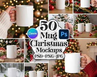 May include: A collage of white ceramic mugs, some held by hands, against a backdrop of Christmas trees with twinkling lights and ornaments. The image includes text that reads "50 Mug Christmas Mockups PSD PNG JPG".