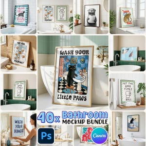 Könnte beinhalten: Eine Sammlung gerahmter Kunstdrucke für Badezimmer. Die Drucke zeigen skurrile Illustrationen von Tieren, humorvolle Zitate und Themen rund ums Badezimmer. Die Farbpalette umfasst Blau-, Grün- und Schwarz-Weiß-Töne. Das Bundle enthält eine Vielzahl von Mockups.