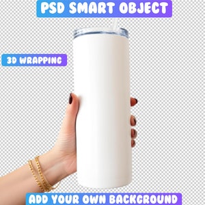 May include: White stainless steel tumbler with a straw, held by a hand with gold bracelets.  The tumbler is a mockup for adding your own design.