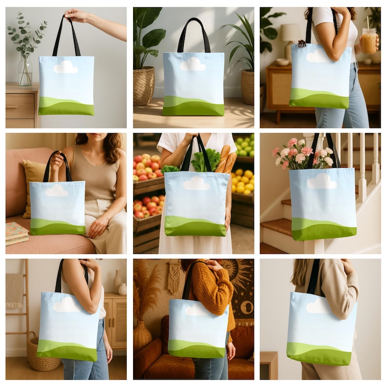 May include: Nine different photos of a white canvas tote bag with a blue sky, white cloud, and green hills design. The bag has black handles and is shown being held by people in various settings.