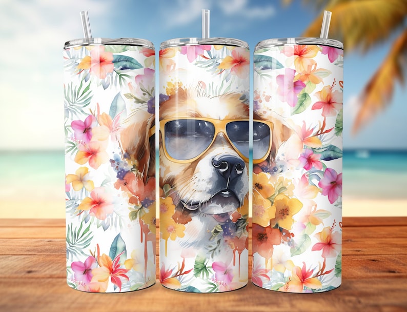 Puede incluir: Tres vasos de acero inoxidable con fondo blanco y un dise&ntilde;o de acuarela de flores tropicales y un perro con gafas de sol.