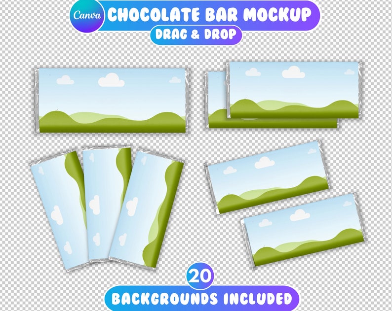 Pu&ograve; includere: Un mockup di un involucro di barretta di cioccolato con uno sfondo di cielo blu, nuvole bianche e colline verdi. Il testo "CHOCOLATE BAR MOCKUP" e "DRAG & DROP" &egrave; visibile nell'immagine. Il testo "20 BACKGROUNDS INCLUDED" &egrave; anche visibile nell'immagine.