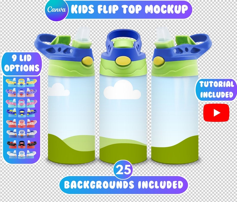 Kids Flip Top Mockup, Drag and Drop Mockup, 12oz Kids Tumbler, Canva Flip Top Mockup, Kids Sippy Cup Mockup, 25 Backgrounds Included image 1