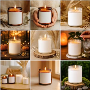 May include: A collection of lit candles in glass jars with blank white labels. The candles have a warm, inviting glow, with flames burning brightly. The jars are various sizes and are set against a backdrop of natural elements.