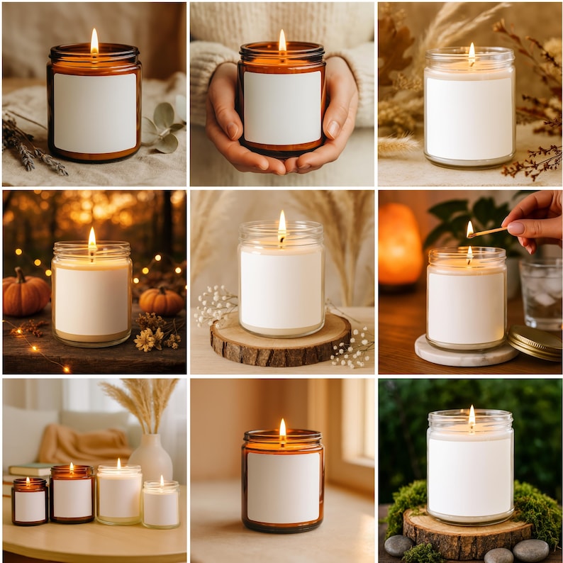 May include: A collection of lit candles in glass jars with blank white labels. The candles have a warm, inviting glow, with flames burning brightly. The jars are various sizes and are set against a backdrop of natural elements.
