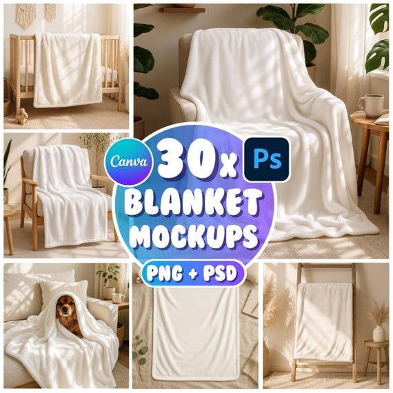 30 Blanket Mockups Bundle, PSD Blanket Mockups, Canva Mockups, Velveteen Plush Blanket Mockup, Printify Blanket Mockup, Throw Blanket Mockup