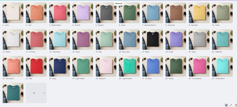 May include: A collection of 30 crew neck t-shirts in various colors, including ivory, coral, and red. Each shirt is neatly folded and displayed with a pair of sunglasses and a denim item. The shirts are arranged in a grid, with color names labeled.