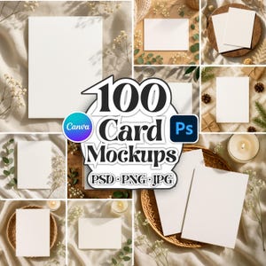 May include: A collection of white card mockups with various natural backgrounds. The image includes the text "100 Card Mockups" with file type details. The mockups are arranged with decorative elements like candles, greenery, and woven baskets.