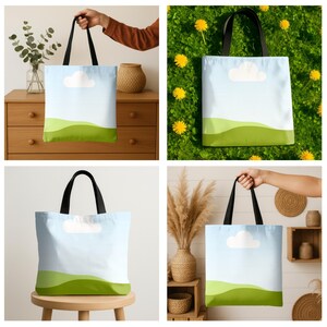 May include: Four tote bags with black handles and a white background. The bags have a green and blue landscape design with a white cloud. The bags are shown in different settings, including a wooden table, a grassy field, and a shelf.