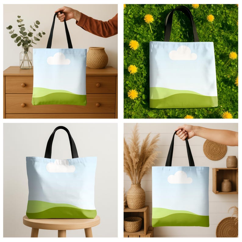 May include: Four tote bags with black handles and a white background. The bags have a green and blue landscape design with a white cloud. The bags are shown in different settings, including a wooden table, a grassy field, and a shelf.