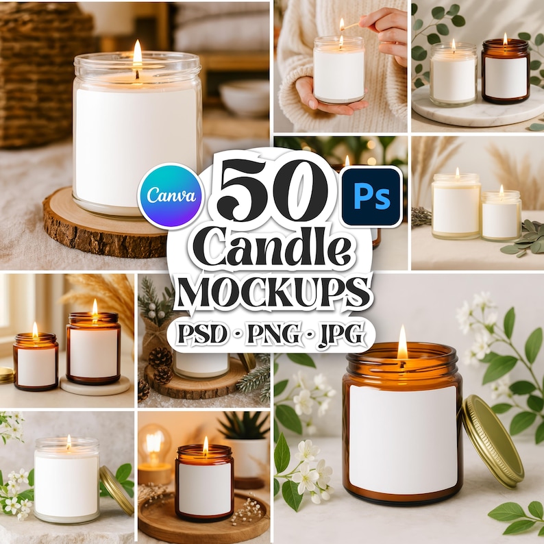 May include: A collection of lit candles in glass jars with white labels. The image includes a variety of candle mockups, with the text "50 Candle Mockups" and the Canva and Photoshop logos. The candles are on wooden surfaces.