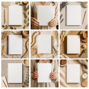 May include: Nine images of blank white notebooks and journals. Some are hardbound, others spiral-bound. The notebooks are arranged with decorative elements like pens, coffee cups, dried flowers, and candles, creating a cozy, aesthetic vibe.