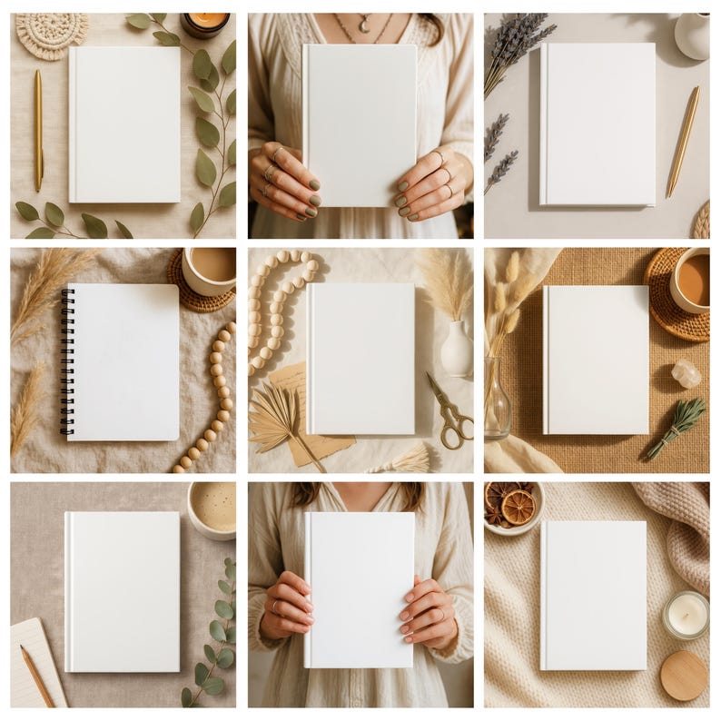 May include: Nine images of blank white notebooks and journals. Some are hardbound, others spiral-bound. The notebooks are arranged with decorative elements like pens, coffee cups, dried flowers, and candles, creating a cozy, aesthetic vibe.