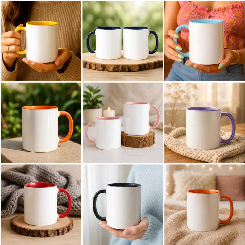 May include: A selection of white ceramic mugs with coloured interiors and handles. The mugs display colours such as yellow, blue, orange, pink, purple, red, and black. Some mugs are shown individually, while others are in pairs, demonstrating the range available.