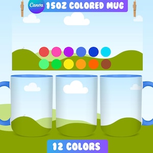 15oz Mug Mockup: Canva Full Wrap Template with Colored Handles (Digital Download)