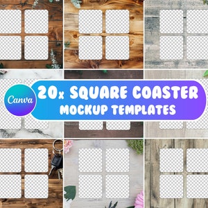 Canva Square Coaster Template Bundle, Coaster Png Mockup, Coaster Mockup Canva, Fügen Sie Ihr eigenes Hintergrund-Mockup hinzu, Coaster Mockup, 20 Vorlagen