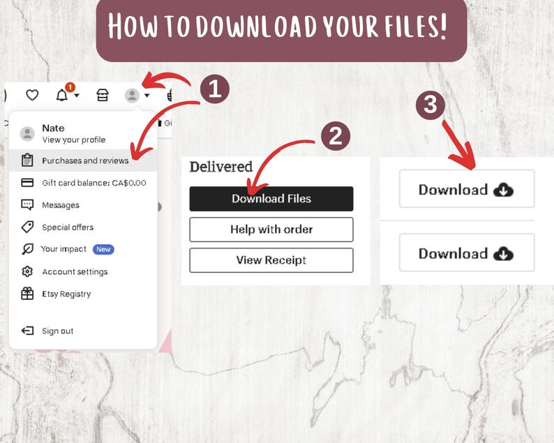 May include: A screenshot of a computer screen showing how to download files on Etsy. The screen shows a menu with options like "Purchases and reviews", "Gift card balance", "Messages", "Special offers", "Your impact", "Account settings", and "Etsy Registry". The screen also shows a button that says "Download Files" and a button that says "Help with order".