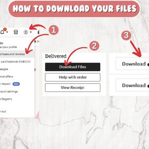 Puede incluir: Una gu&iacute;a paso a paso con flechas y pasos numerados sobre c&oacute;mo descargar archivos. La gu&iacute;a muestra c&oacute;mo acceder a compras y rese&ntilde;as, hacer clic en el bot&oacute;n de descarga de archivos y luego hacer clic en el bot&oacute;n de descarga.