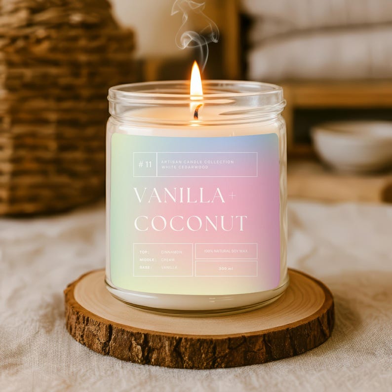 Op de afbeelding: Een brandende vanille- en kokosgeurkaars in een heldere glazen pot, op een houten onderzetter. Het kaarslabel bevat de tekst "Vanilla + Coconut". De kaars is 9 cm hoog.