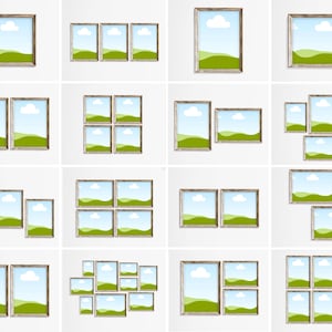 May include: A collection of 12 different wall art arrangements featuring framed prints of a green landscape with a blue sky and white clouds. The frames are all made of wood and have a rustic finish.