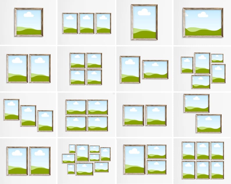 May include: A collection of 12 different wall art arrangements featuring framed prints of a green landscape with a blue sky and white clouds. The frames are all made of wood and have a rustic finish.