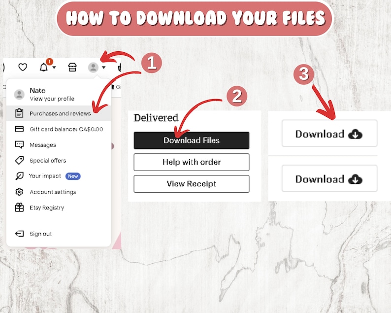 May include: A screenshot of a computer screen showing how to download files on Etsy. The screen shows a menu with options like "Purchases and reviews", "Gift card balance", "Messages", "Special offers", "Your impact", "Account settings", and "Etsy Registry". The screen also shows a button that says "Download Files" and two buttons that say "Download" with a cloud icon.