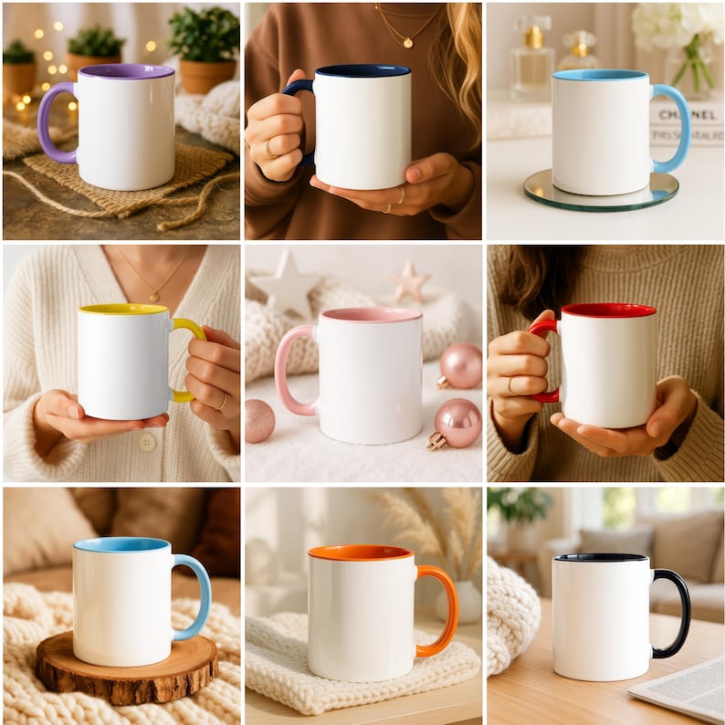 May include: A selection of white ceramic mugs with coloured interiors and handles. The mugs feature various colour combinations, including purple, blue, yellow, pink, and orange. The mugs are displayed in different settings, showcasing their design and versatility.