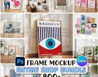 Paquete de más de 800 maquetas de marcos: Paquete completo para tiendas online, objetos inteligentes PSD y plantillas de Canva (descarga digital)