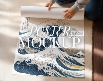 May include: A rolled-up poster featuring a classic Japanese wave design with boats and Mount Fuji in the background. The poster is being unrolled on a neutral-colored rug. The text "POSTER MOCKUP" is overlaid on the image.