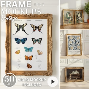 May include: A decorative gold frame displaying a vintage butterfly print, with detailed illustrations of various butterfly species. The image also includes other framed art pieces and text that reads "FRAME MOCKUPS Vintage".