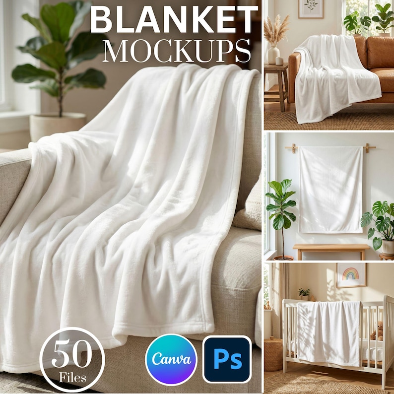 50 Printify Blanket Mockups Bundle: PSD, PNG, Canva Drag and Drop Mockups (Digital Download) image 1