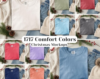May include: A collection of Comfort Colors t-shirts in various colors, including white, green, red, blue, gray, pink, purple, orange, and navy. The image includes text that reads "1717 Comfort Colors Christmas Mockups" and the Canva, JPG & PSD, and Ps logos.