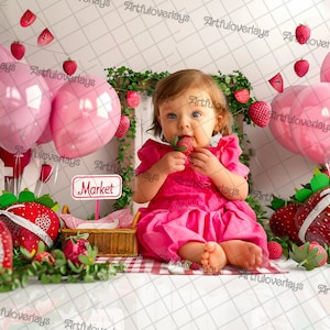 Fondo de cumpleaños de fresa: Fondo digital para aplastar un pastel (imprimible)