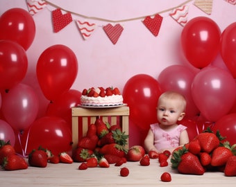Strawberry Cake Smash Backdrop: Whimsical Birthday Photo (Digital Download)