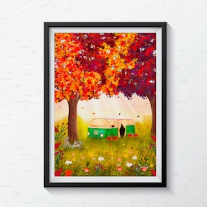 Gemütlicher Camper Van Herbst Druck, A5 A4 A3 Poster, Herbst Illustration, Einzigartiges Geburtstagsgeschenk, Housewarming Geschenk für Reisende, Herbst Kunst