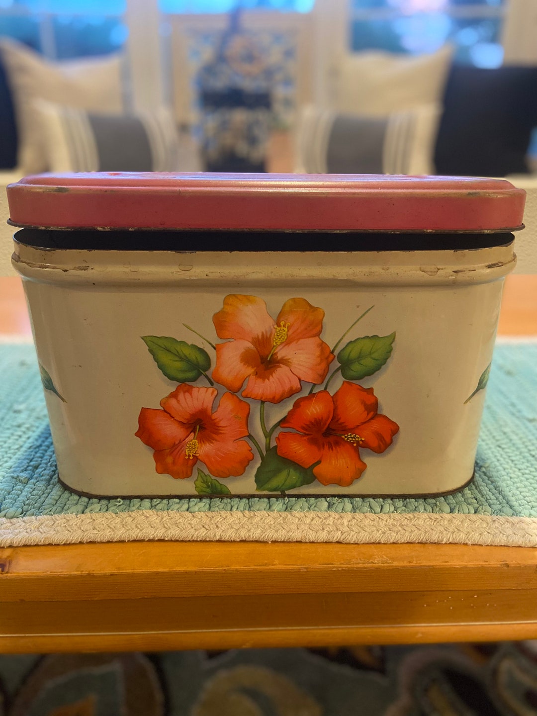 Vintage Tin Metal Bread Box Hinged Red Lid 1950 Etsy