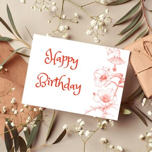 PDF Digital Download Happy Birthday Red Botanical Card
