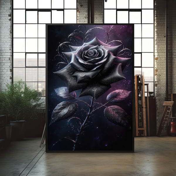 A Black Rose's Lustrous Petals Captured in a Majestic Artistic Rendering - Mystical Allure - Premium Quality PNG/JPEG