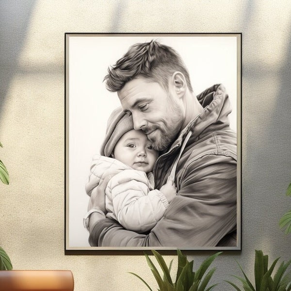 Tender Bonds: Pencil Portrait of a Father with His Baby - Heartwarming High Quality Digital Print, Love and Precious Moments.