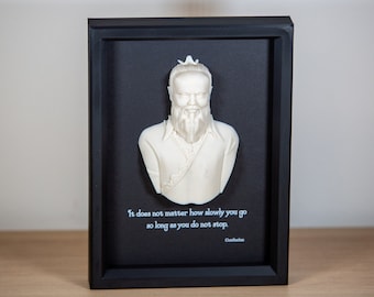 Confucius, the Chinese philosopher, 3D-printed picture frame with a bust and a customizable quote, wall decoration.