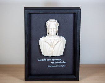 Dante Alighieri, the Italian poet, 3D-printed picture frame with bust and customizable quote, wall decoration.