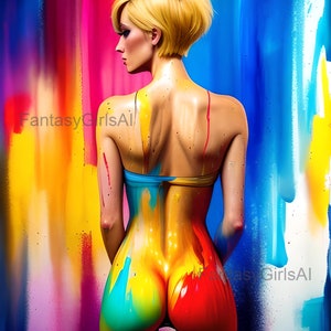 Vivid Embrace: Bare-Backed Slender Blonde Facing Colorful Wall, Bra Strap Peek and Painted Colorful Skin
