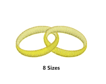 May include: Two gold interlocking rings, a symbol of love and commitment. This embroidery design is available in 8 sizes.