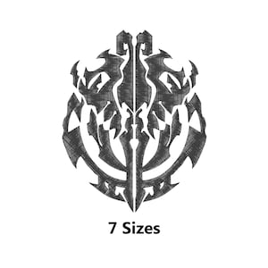 May include: A black and white stylized illustration of a geometric design with a sword-like shape in the center. The design is surrounded by a circle of jagged lines. The text "7 Sizes" is below the design.
