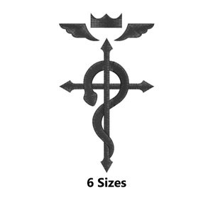 May include: Black and white embroidery design of a cross with a snake wrapped around it, topped with a crown and wings. The design is labelled "6 Sizes".